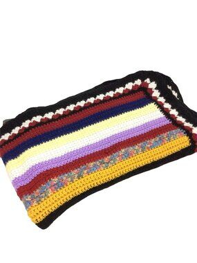 Hand Knitted Afghan Throw Blanket Striped Granny Pattern Vibrant Colors Vintage